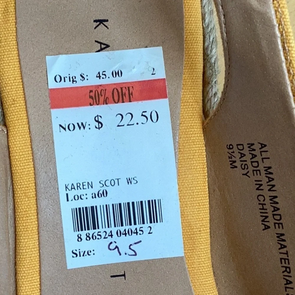 Karen Scott yellow Espadrille Slingback wedge sandals. Women’s size 9.5